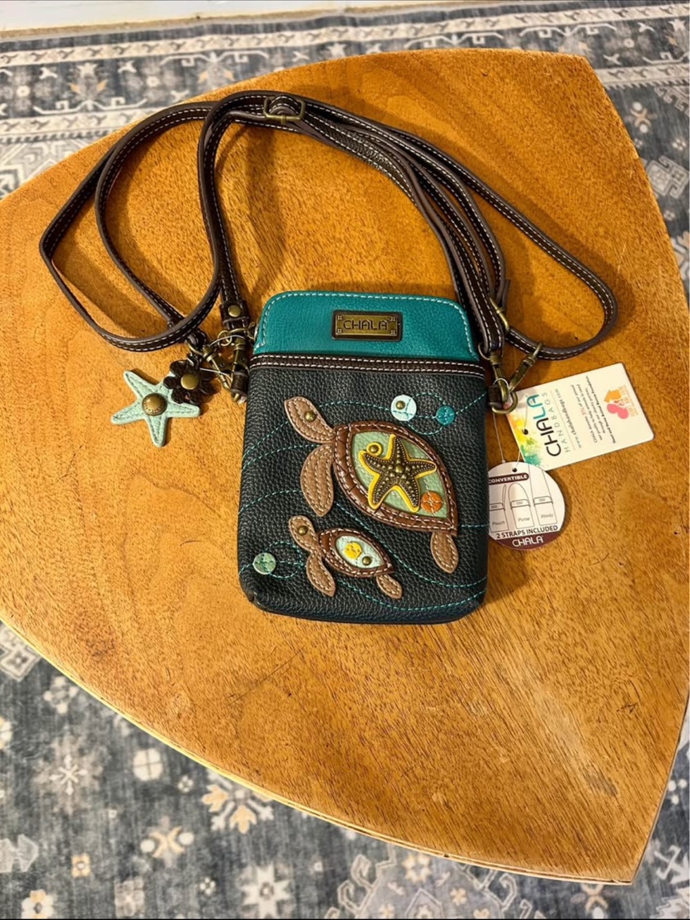 Chala Sea Turtle Convertible Cell Phone Crossbody – Teal/Brown – NWT, 2 Straps